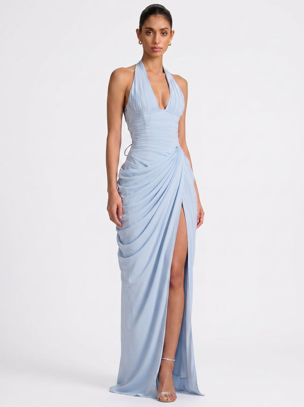 Draped Halter Slit Gown in sky blue — plunging halter, corset back and draped slit skirt, front view on model, VeroMarka