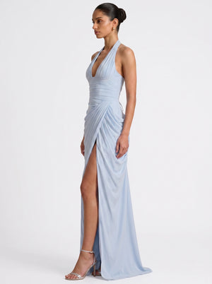 Draped Halter Slit Gown in sky blue, three-quarter view on model, VeroMarka