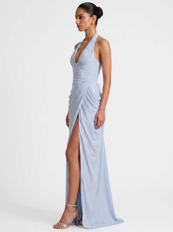 Draped Halter Slit Gown in sky blue, three-quarter view on model, VeroMarka