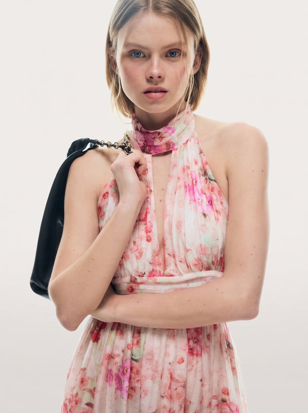 Floral Halter Backless Maxi Dress in pink floral, close-up of the halter neckline, VeroMarka