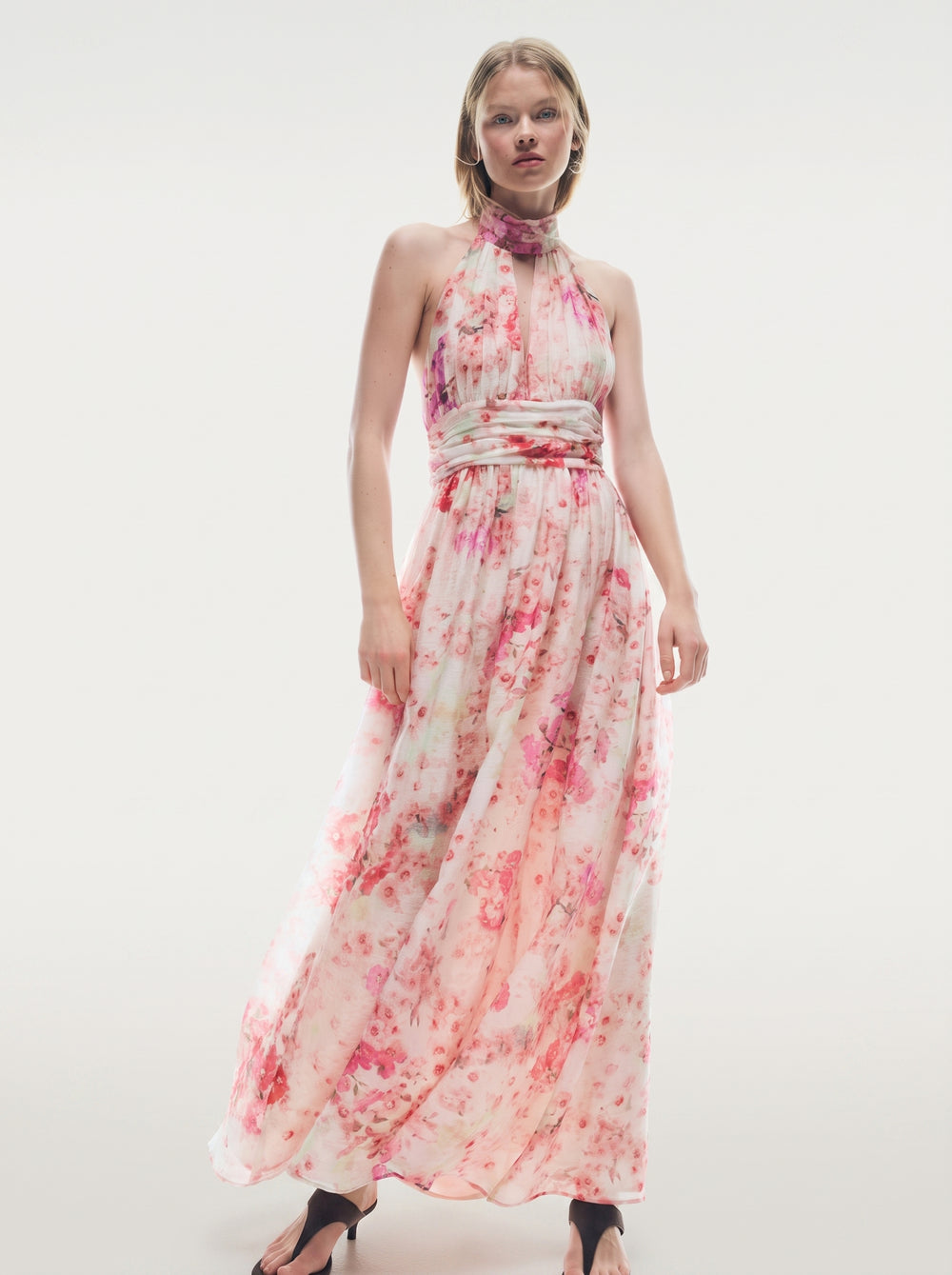 Floral Halter Backless Maxi Dress in pink floral, front view on model, VeroMarka