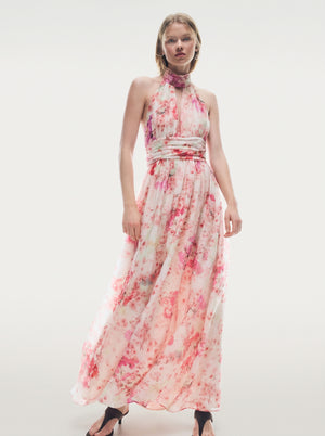 Floral Halter Backless Maxi Dress in pink floral, front view on model, VeroMarka