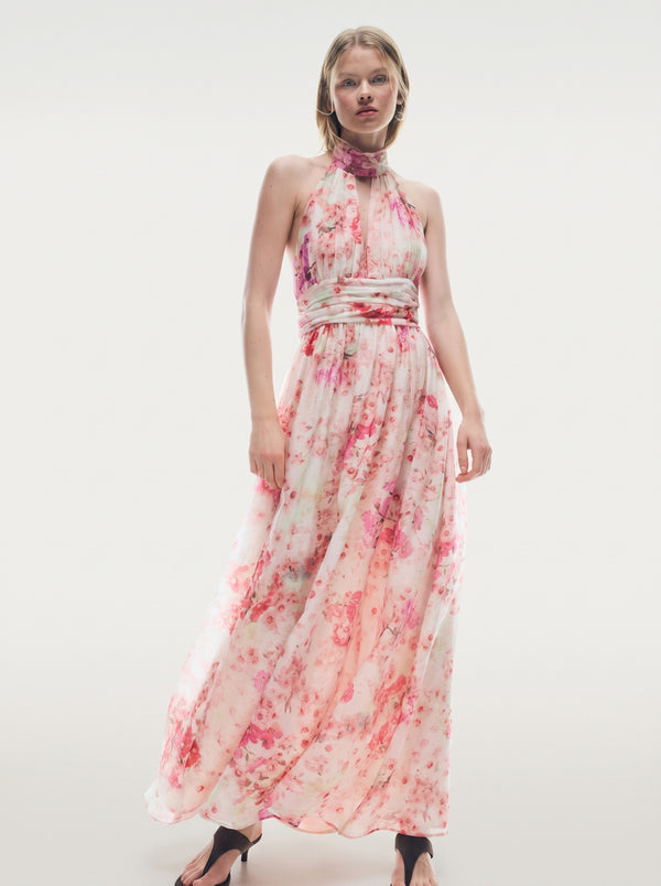 Floral Halter Backless Maxi Dress in pink floral, front view on model, VeroMarka