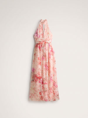 Floral Halter Backless Maxi Dress in pink floral, product shot on a plain background, VeroMarka