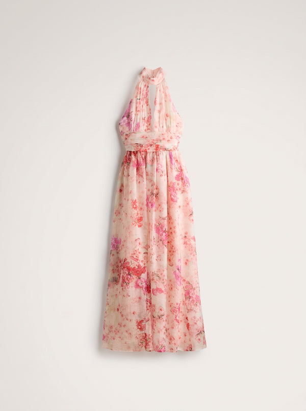 Floral Halter Backless Maxi Dress in pink floral, product shot on a plain background, VeroMarka