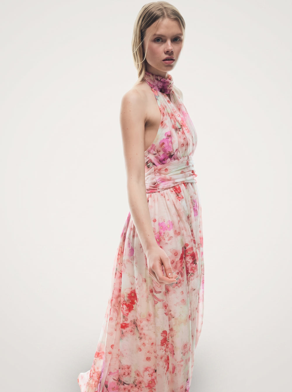 Floral Halter Backless Maxi Dress in pink floral, front view on model, VeroMarka