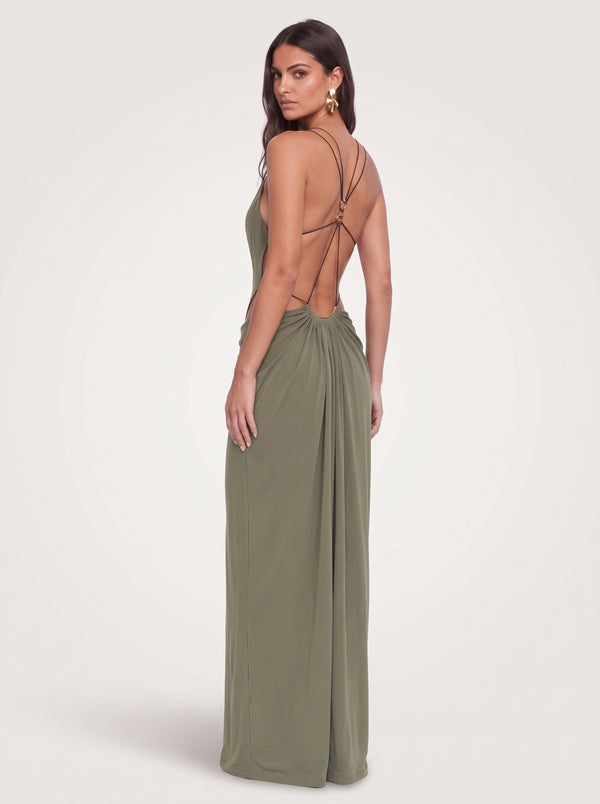 Gold Ring Cut-Out Maxi Dress in olive green, back view on model, VeroMarka