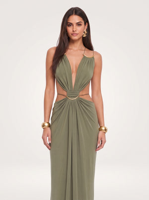 Gold Ring Cut-Out Maxi Dress in olive green, closer front view on model, VeroMarka