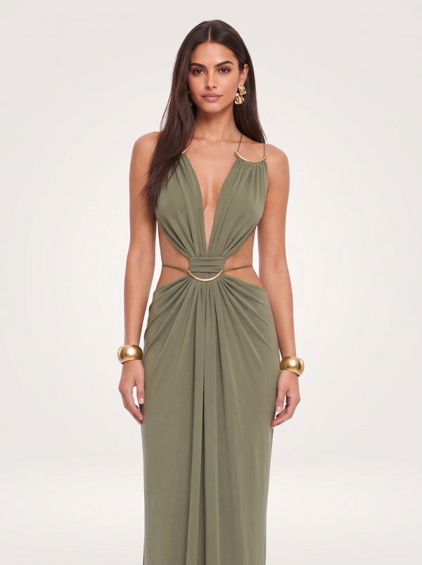 Gold Ring Cut-Out Maxi Dress in olive green, closer front view on model, VeroMarka