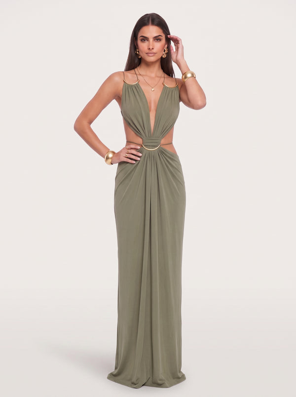 Gold Ring Cut-Out Maxi Dress in olive green, front view on model, VeroMarka