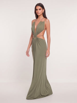 Gold Ring Cut-Out Maxi Dress in olive green, three-quarter view on model, VeroMarka