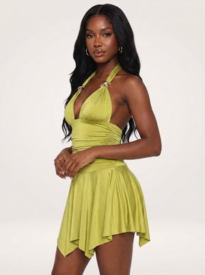 Gold Ring Halter Mini Dress in chartreuse green, three-quarter view on model, VeroMarka