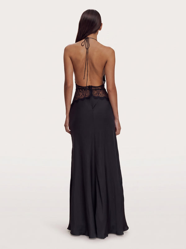 Lace Corset Halter Maxi Dress in black — plunging halter, lace waist panel and satin skirt, back view on model, VeroMarka