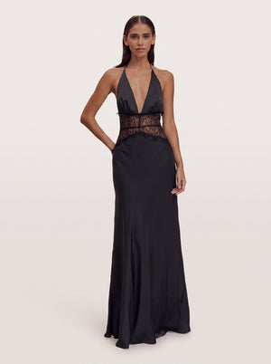 Lace Corset Halter Maxi Dress in black — plunging halter, lace waist panel and satin skirt, front view on model, VeroMarka