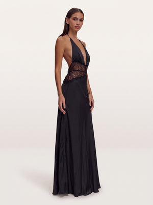 Lace Corset Halter Maxi Dress in black, three-quarter view on model, VeroMarka