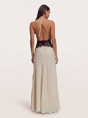 Lace Corset Halter Maxi Dress in ivory and black, back view on model, VeroMarka