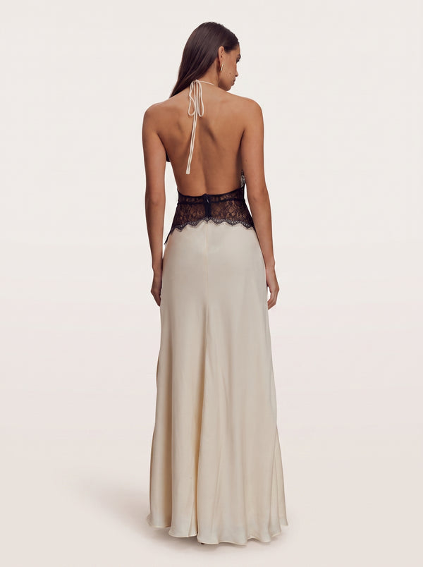 Lace Corset Halter Maxi Dress in ivory and black, back view on model, VeroMarka