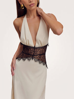 Lace Corset Halter Maxi Dress in ivory and black, close-up of the halter neckline and lace waist, VeroMarka