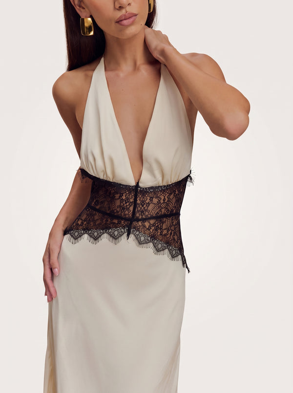 Lace Corset Halter Maxi Dress in ivory and black, close-up of the halter neckline and lace waist, VeroMarka