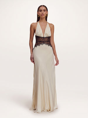 Lace Corset Halter Maxi Dress in ivory and black, front view on model, VeroMarka