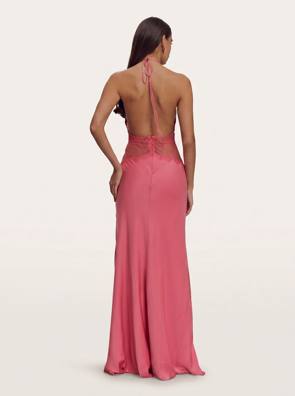 Lace Corset Halter Maxi Dress in rose pink — plunging halter, lace waist panel and satin skirt, back view on model, VeroMarka