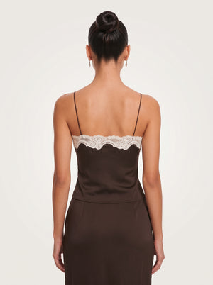 Lace Trim Camisole Set in chocolate brown — cream lace-trimmed camisole and midi skirt, back view on model, VeroMarka