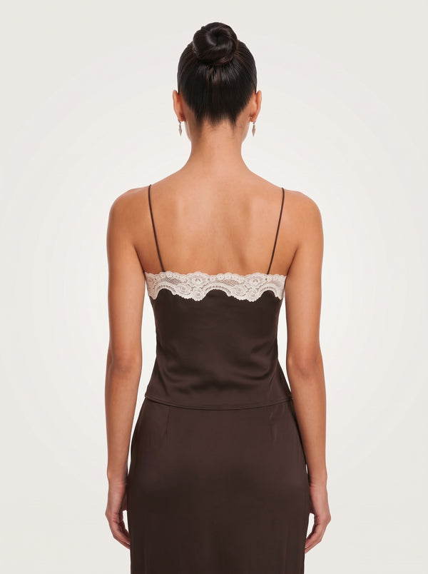 Lace Trim Camisole Set in chocolate brown — cream lace-trimmed camisole and midi skirt, back view on model, VeroMarka
