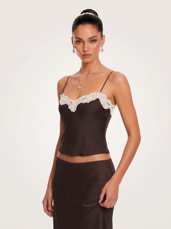 Lace Trim Camisole Set in chocolate brown, close-up of the camisole on model, VeroMarka