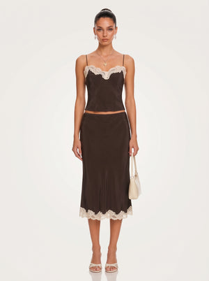 Lace Trim Camisole Set in chocolate brown — cream lace-trimmed camisole and midi skirt, front view on model, VeroMarka