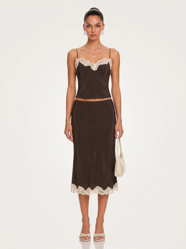 Lace Trim Camisole Set in chocolate brown — cream lace-trimmed camisole and midi skirt, front view on model, VeroMarka