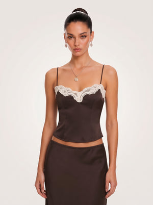 Lace Trim Camisole Set in chocolate brown, upper-body front view on model, VeroMarka