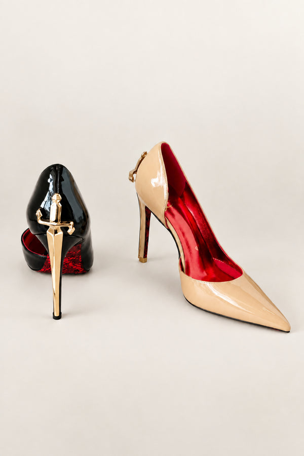 Pointed Stiletto Sword Pump in black and nude — gold dagger heel and red lace-print sole, back view, VeroMarka