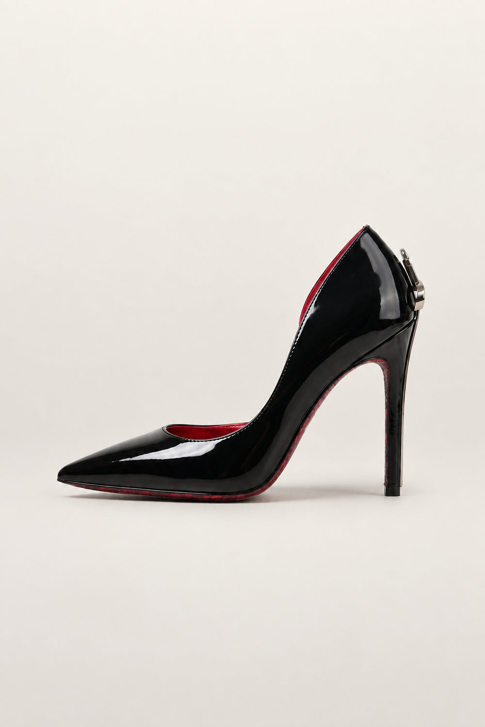 Pointed Stiletto Sword Pump in black — gold dagger heel and red lace-print sole, side view, VeroMarka