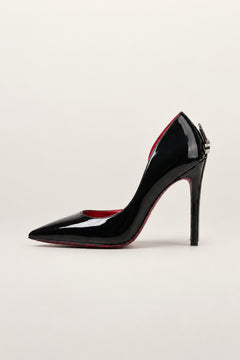 Pointed Stiletto Sword Pump in black — gold dagger heel and red lace-print sole, side view, VeroMarka