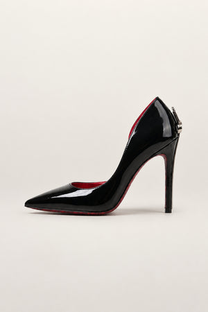 Pointed Stiletto Sword Pump in black — gold dagger heel and red lace-print sole, side view, VeroMarka