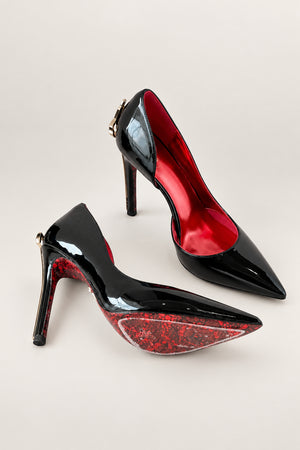 Pointed Stiletto Sword Pump in black — gold dagger heel and red lace-print sole, black pair with sole view, VeroMarka