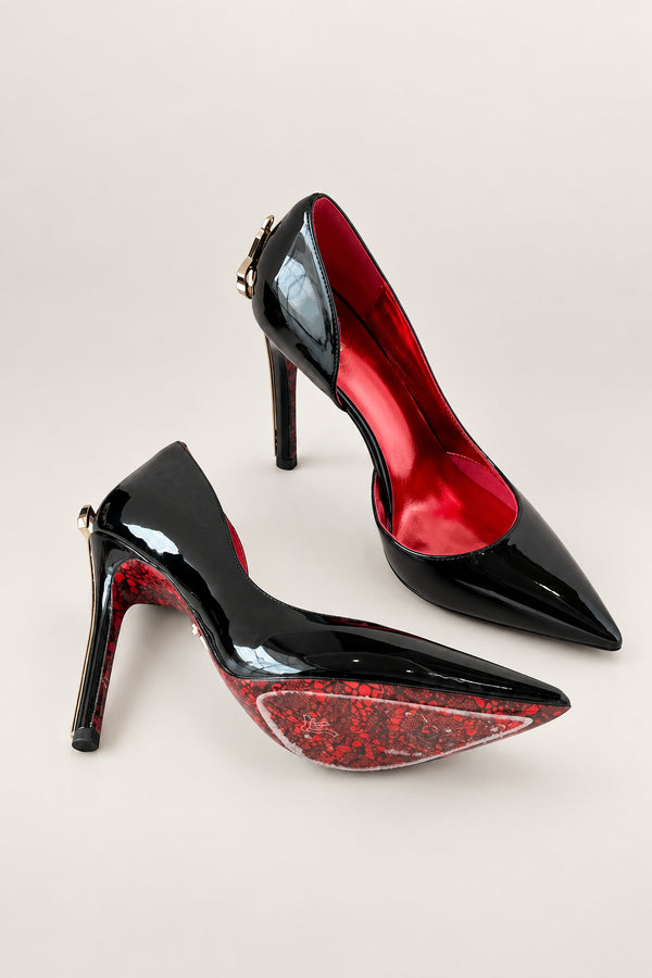 Pointed Stiletto Sword Pump in black — gold dagger heel and red lace-print sole, black pair with sole view, VeroMarka