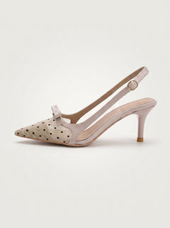 Pointed Toe Kitten Slingback in beige — polka dot mesh toe and satin bow, side view, VeroMarka