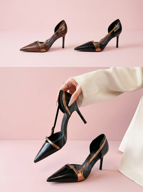 Pointed Toe Stiletto Heel in bronze brown and black, brown and black pairs shown together, VeroMarka