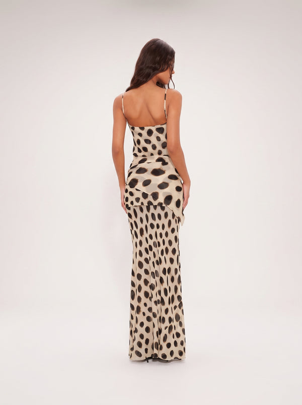 Polka Dot Satin Maxi Dress in cream and brown — slim straps, spot print and knotted hip, back view on model, VeroMarka