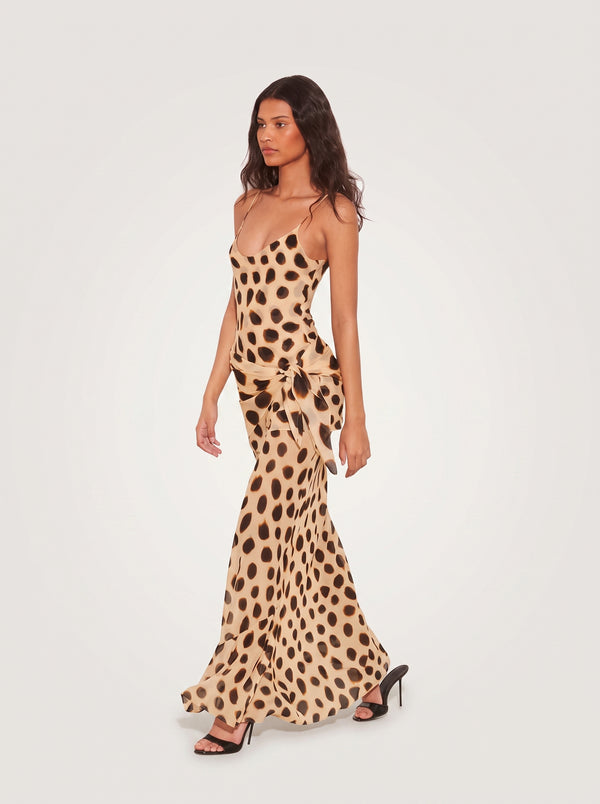 Polka Dot Satin Maxi Dress in cream and brown, three-quarter view on model, VeroMarka