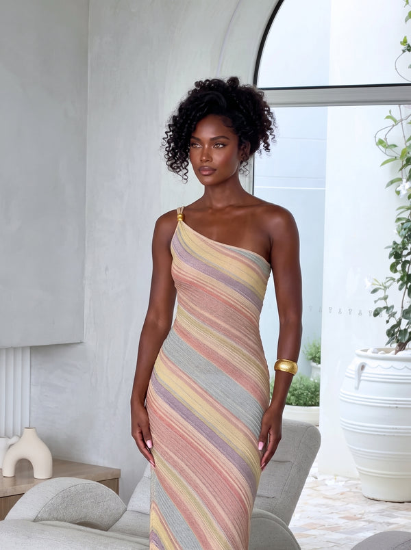 Rainbow Stripe One-Shoulder Maxi Dress in pastel multicolour, close-up three-quarter view on model, VeroMarka