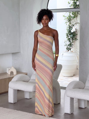 Rainbow Stripe One-Shoulder Maxi Dress in pastel multicolour, front view on model, VeroMarka