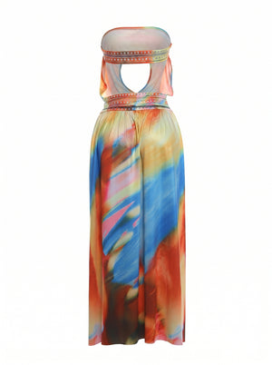 Rhine Strapless Slit Maxi Dress in multicolour, back product shot on a white background, VeroMarka