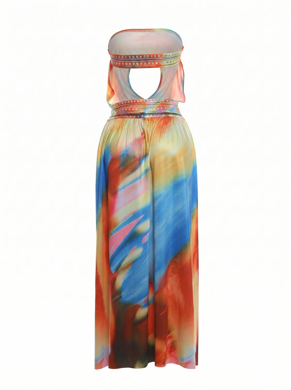 Rhine Strapless Slit Maxi Dress in multicolour, back product shot on a white background, VeroMarka