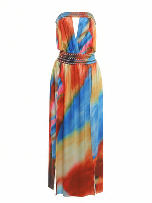 Rhine Strapless Slit Maxi Dress in multicolour, product shot on a white background, VeroMarka