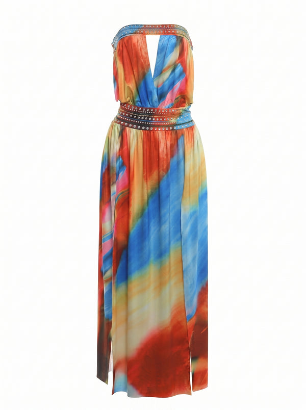 Rhine Strapless Slit Maxi Dress in multicolour, product shot on a white background, VeroMarka