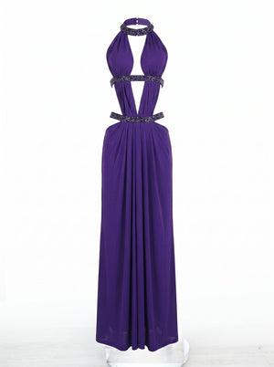 Rhinestone Cut-Out Halter Dress in purple, product shot on a display form, VeroMarka
