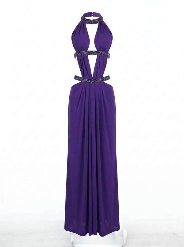 Rhinestone Cut-Out Halter Dress in purple, product shot on a display form, VeroMarka