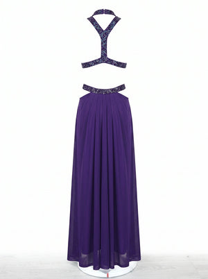 Rhinestone Cut-Out Halter Dress in purple, product shot on a plain background, VeroMarka
